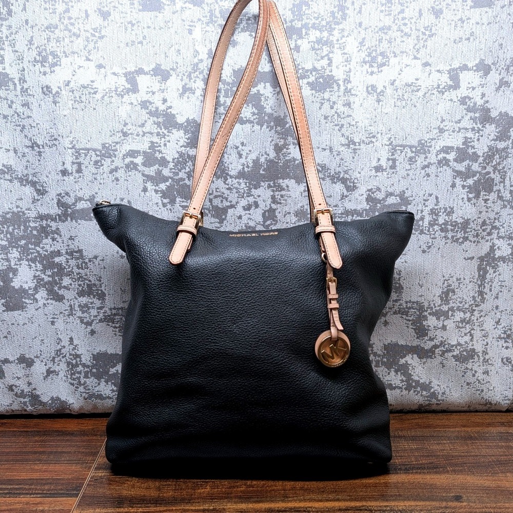 Michael Kors Black Pebbled Leather Tote Bag Gold Hardware Tan Straps Large